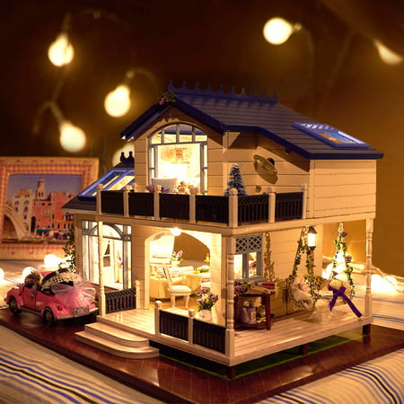 New Dollhouse Miniature DIY Kit Dolls House With Furniture DIY Handcraft Miniature Voice-activated LED Light&lamp;Music with Cover Provence Dollhouse