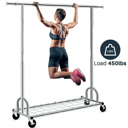 HOKEEPER 450 lbs Heavy Duty Clothing Garment Rack with Shelves Commercial Grade Clothing Racks on Wheels Rolling Single Clothes Rack Portable Collapsible Adjustable, Chrome Finish