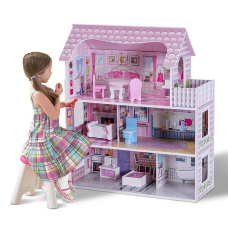 Gymax Young Girls Pink Dollhouse, 8 Pieces