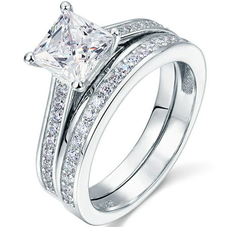 1.50 Carat Princess Cut Moissanite Wedding Set - Bridal Set - Channel Set Ring - Handmade Ring - 18k White Gold Over Silver