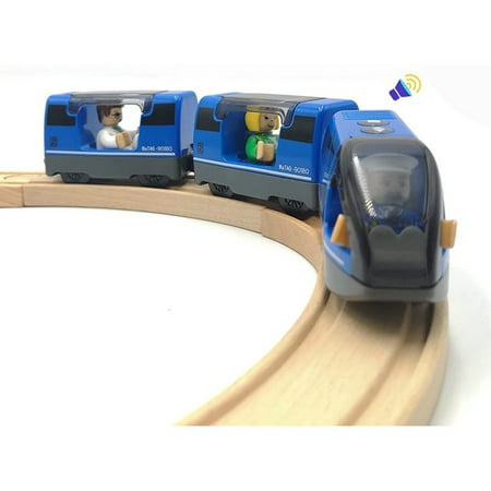 Battery Operated Train for Wooden Train Track Set Toys High Speed for Toddlers 3 4 5 Year Old Boys Kids Magnetic Couplings City Vehicle with Figures(Without Battery)Blue A,