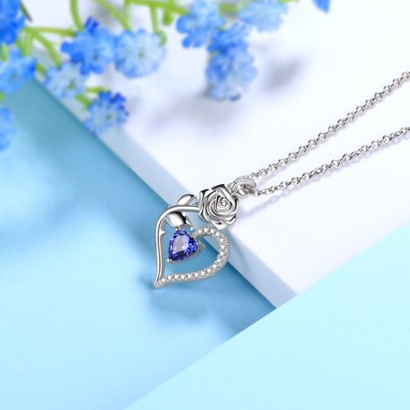 Beautlace 925 Sterling Silver Birthstone Necklace for Women Rose Flower Heart Pendant Necklace Fine Jewelry Anniversary Birthday Christmas Gifts for Women Girls