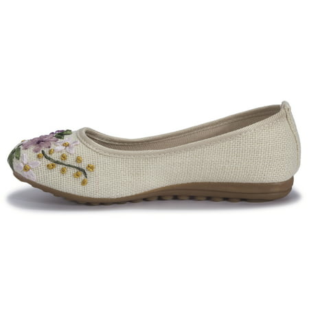 DODOING Womens Ballet Flats Floral Embroidered Cut Platform Shoe Slip On Flats Casual Driving Loafers Shoes, Khaki/ White/ Navy Blue, 4-10 Size, White, 7