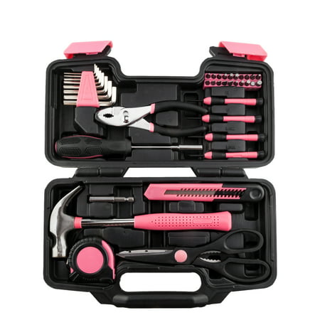 Ubesgoo 39pcs Pink Household Hand Tool Set Repair Tool Kit, w/ Storage Case, Pink