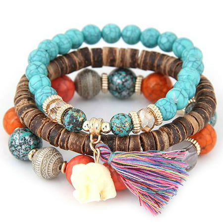 Women Bracelets Wood Beads Bracelets Boho Small Elephant Charm Bracelets Set Jewelry TPBYColorful,