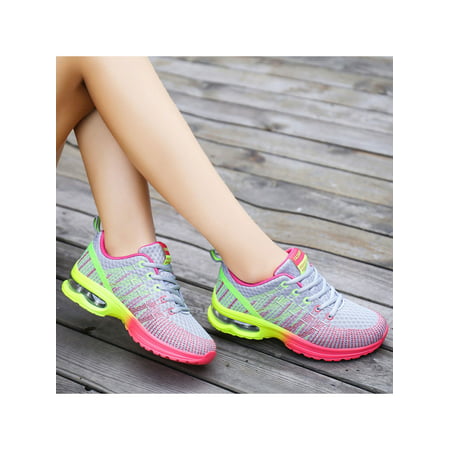 Daeful Women's Ladies Air Cushion Sneakers Athletic Walking Jogging Running Trainers Summer Breathable Wide Width ShoesGrey Pink,