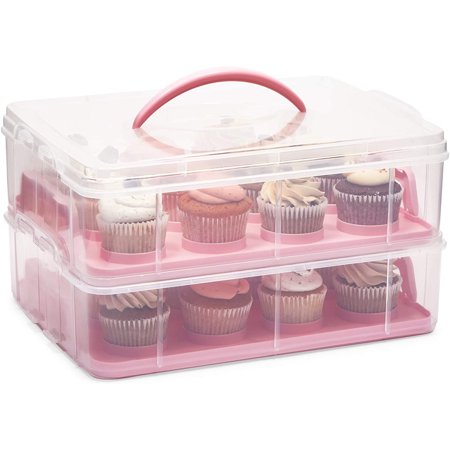 3 Tier Cupcake Carrier Storage, Cup Cake Container with Lid and Handle for Transport for 36 Cupcakes, Pink, 13.5 x 10.25 x 10.75 in.