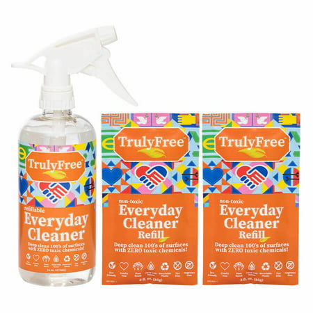 Truly Free Refillable Non-Toxic Everyday Cleaner (2-Pack); All Purpose Cleaner Spray; Natural Household Cleaner; All Surface Cleaner; 16 oz Bottle; 2 Refills (make 16 oz each); No Harmful Ingredients