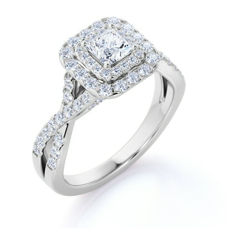 Elegant 1 Carat - Square Cut Diamond - Twisted Band - Pave - Double Halo Engagement Ring - 10K White Gold, White Gold, 8