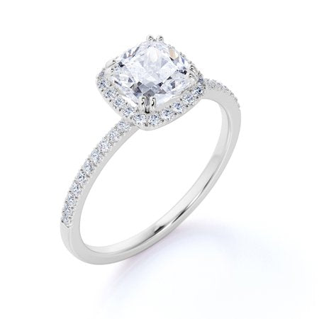 1.25 Carat cushion cut Moissanite and Diamond Halo Engagement Ring in 10k White Gold