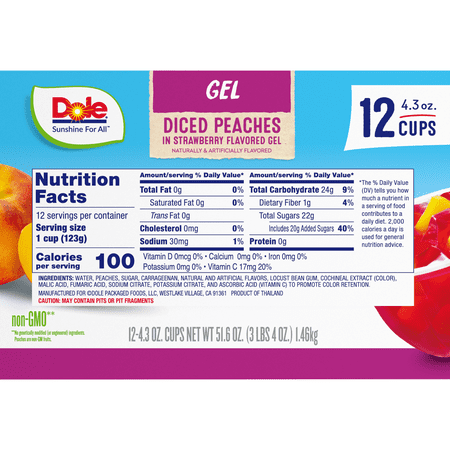 Dole Fruit Bowls Peaches in Strawberry Gel, 4.3 Oz Bowls, 12 Cups of Fruit