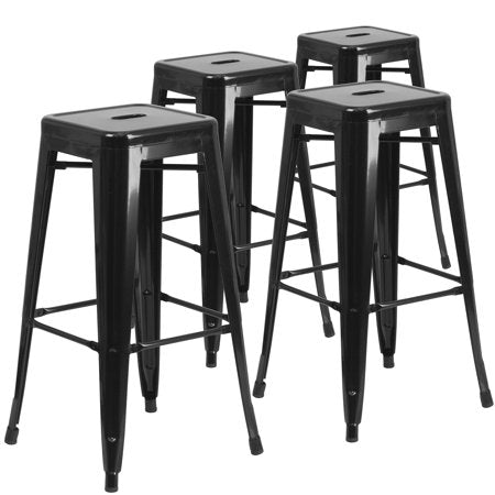 Flash Furniture 4 Pack Commercial Grade 30" High Backless Black Metal Indoor-Outdoor Barstool with Square SeatBlack,