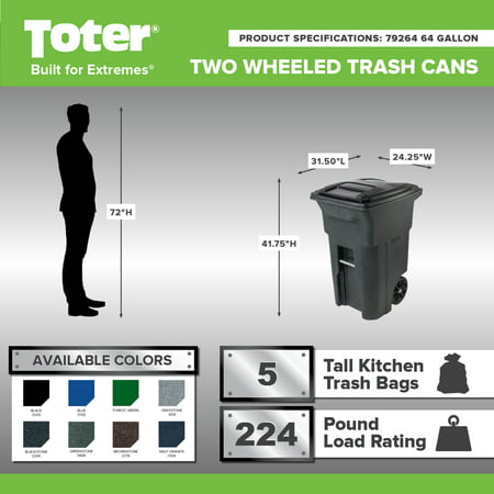 Toter Trash Can Brownstone with Wheels and Lid, 64 Gallon, Brownstone