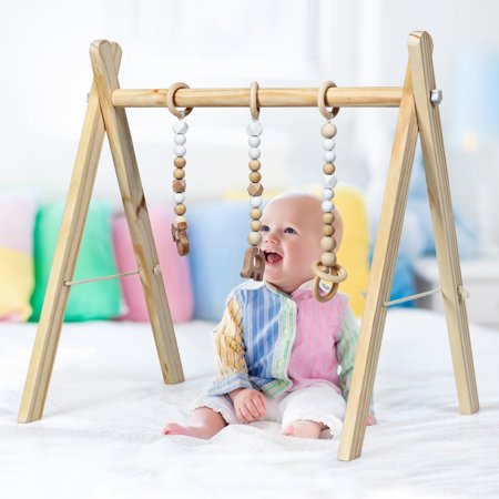 Foldable Wooden Baby Gym with 3 Wooden Baby Teething Toys Hanging Bar Natural