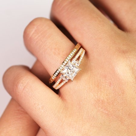 Stunning 1.25 ct - Princess Cut Moissanite - Pave - Vintage - Double Band Engagement Ring - Bridal Set - 18K Yellow Gold over Silver, 7
