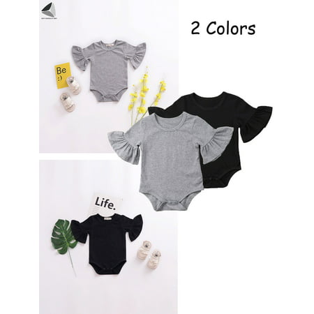 Sixtyshades Newborn Infant Baby Girls Clothes Long Flared Sleeve Romper Jumpsuit Bodysuit for 0-24 Months Baby (Gray)