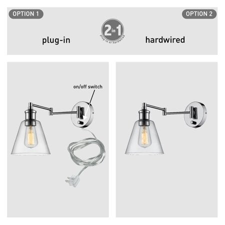 Globe Electric LeClair 1-Light Chrome Plug-In or Hardwire Industrial Wall Sconce, 65704Silver,