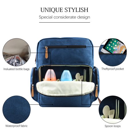 LAND Brand Baby Diaper Bag Backpack Large Capacity Maternity Waterproof Baby Nappy Bags with Changing Pad Included Insulated Pockets, Solid Print/Navy Blue