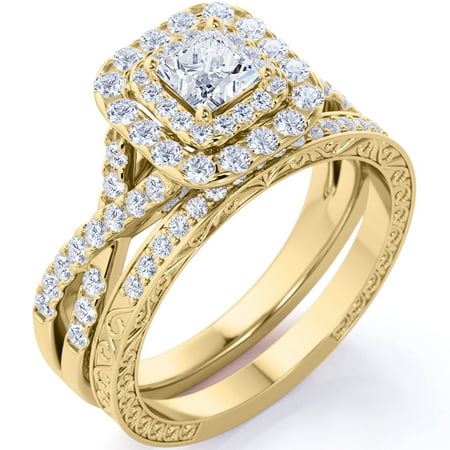 1.25 ct - Square Moissanite - Double Halo - Twisted Band - Vintage Inspired - Pave - Wedding Ring Set in 10K Yellow Gold, 7