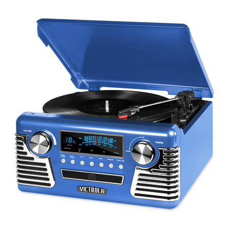 Victrola Retro Record Player Stereo with Bluetooth and USB Digital Encoding, BlueBlue,