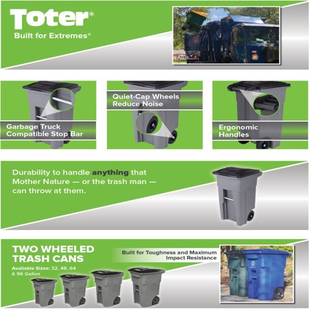 Toter Trash Can Greenstone with Wheels and Lid, 32 Gallon, Greenstone