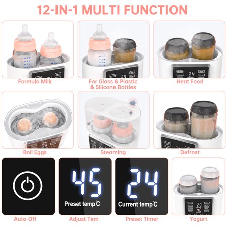 Cshid Baby Bottle Warmer, 12-in-1 Babies Fast Bottle Milk Warmer & Sterilizer Double Food Heater Defrost BPA-Free With Twins, LCD Display, Timer & 24H Temperature Control for Breastmilk & Formula