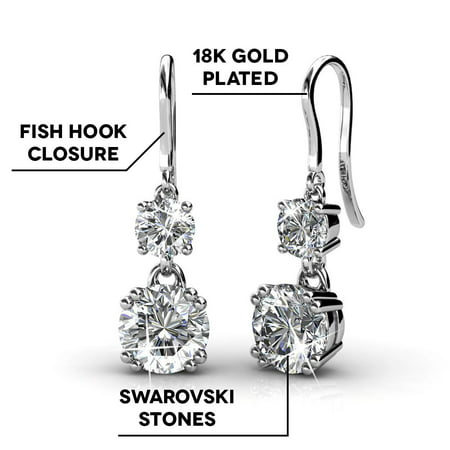 Cate & Chloe Kadence White Gold Dangle Earrings, 18k White Gold Plated Earrings with Swarovski Crystals, Women's Round Cut Crystal EarringsSilver,
