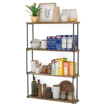 Wallniture Porto 4-Tier Floating Shelves Wall Storage for Kitchen Rustic Farmhouse Wood Bookcases Laundry Organizer, Natural BurnedNatural Burned,