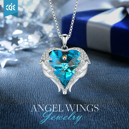 CDE Angel Wing Love Heart Pendant Necklaces for Women Girls Mom Wife Girlfriend, Jewelry Gifts for Christmas Birthday Anniversary Valentine's DayBlue,
