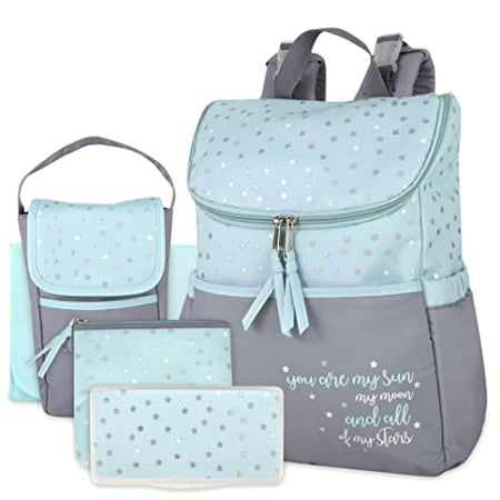 Baby Essential, Diaper Bag Backpack 5 Piece Set with Sun, Moon, and Stars, Wipes Pocket, Stroller Straps, Dirty Diaper Pouch, Changing Pad - Grey/BlueBlue,