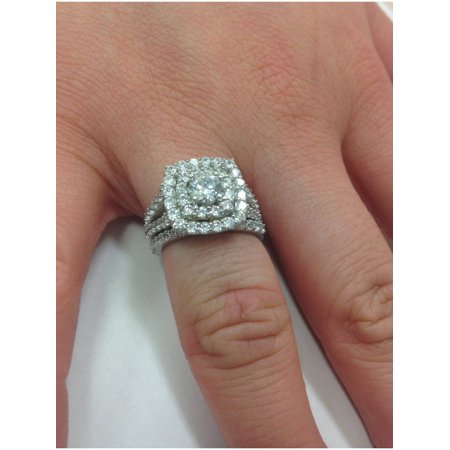 2 cttw Diamond Cushion Double Halo Engagement Wedding Ring Set 10k White Gold, White Gold, 7