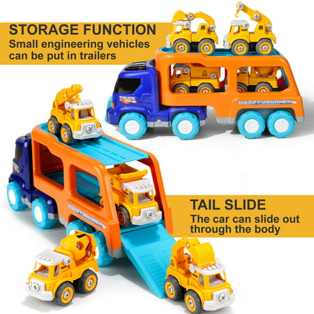 Take Apart Construction Truck Cars Toys for 2 3 4 5 Years Old Toddlers Boys Big Transport Carrier Truck with 4 Small Take Apart Engineering Trucks and Drills Toys with Sound and Light