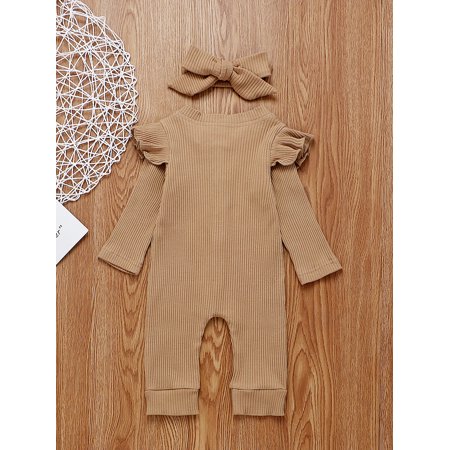 2PCS Newborn Baby Girl Boy Long Sleeve Autumn Clothes Set Knitted Romper Jumpsuit Outfits+Headband, tan, 6-12 Months