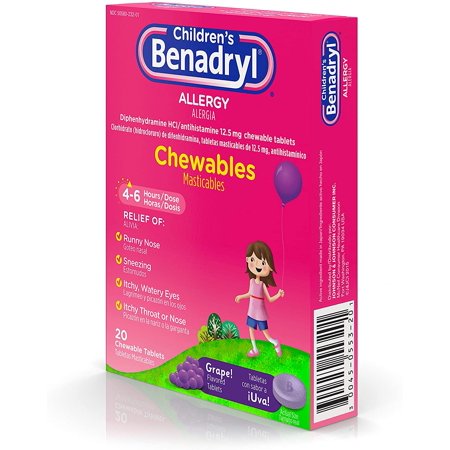 Benadryl Children's Allergy Chewable Tablets, Grape Flavored 20 ea (Pack of 4)