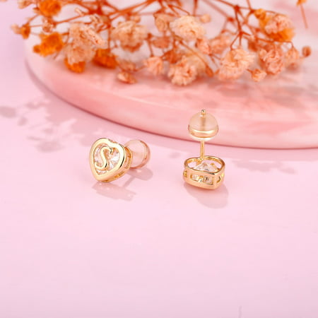 TINGN Heart Initial Stud Earrings for Girls 925 Sterling Silver Studs 14K Real Gold Plated Earrings for Teen Girls Jewelry for Kids Earrings for Little Girls