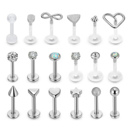Jovivi 18pcs 16G Lip Rings for Women 8mm Stainless Steel Labret Monroe Lip Ring Opal Acrylic Crystal Lip Stud Conch Cartilage Tragus Helix Stud Body Piercing JewelrySilver,