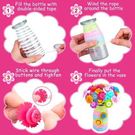 Kids Crafts Toy Gifts for Girl Age 4-12, Birthday Gift Button Felt Flowers Vase for 6 7 8 9 Year Old Kid Girl Boy DIY Toys Flower Craft Set for 6-11 Year Old Girls Children Bouquets Kit CarnationCarnation,