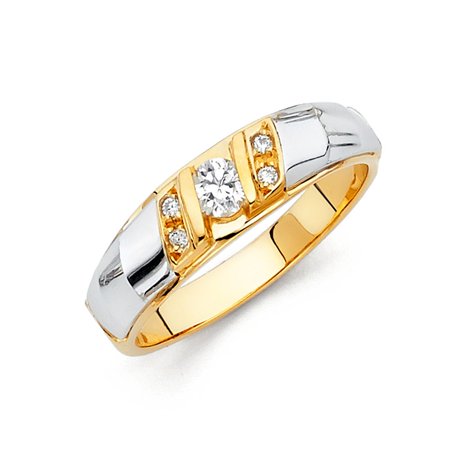 14k Two Tone Gold Round 2 ct CZ Matching Wedding Ring Trio Set His & Hers