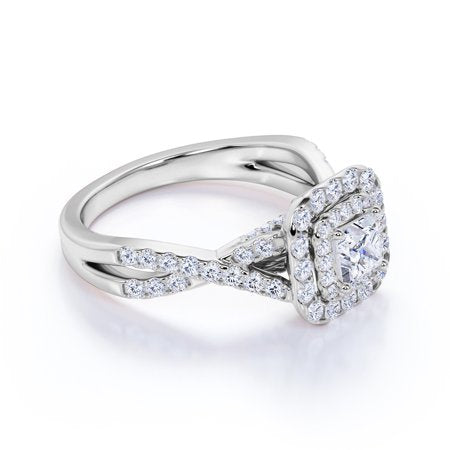 Elegant 1 Carat - Square Cut Diamond - Twisted Band - Pave - Double Halo Engagement Ring - 10K White Gold, White Gold, 8