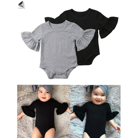 Sixtyshades Newborn Infant Baby Girls Clothes Long Flared Sleeve Romper Jumpsuit Bodysuit for 0-24 Months Baby (Gray)