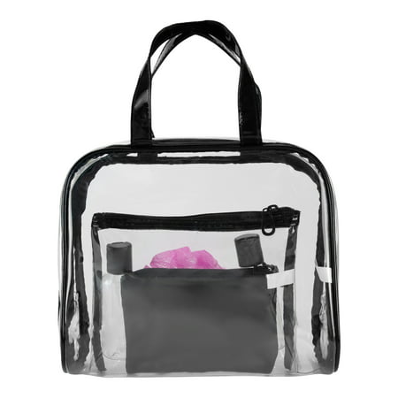 Basics 6-Piece Transparent PVC Travel Tote Includes Small Flat Zipper Pouch, Medium Transparent Zipper Pouch, 2 Travel-Sized Liquid Bottles & Compact Loofah