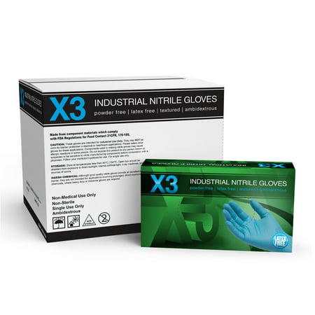 AMMEX X3 Nitrile Latex Free Industrial Disposable Gloves, Large, Blue, 1000/Case, Blue, L