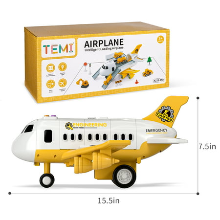 TEMI Storage Transport Plane Cargo with 6 Free Wheel Diecast Construction Vehicles, Kids Toy with Lights & Sounds for 3+ Years Old Boys and Girls Christmas Gift