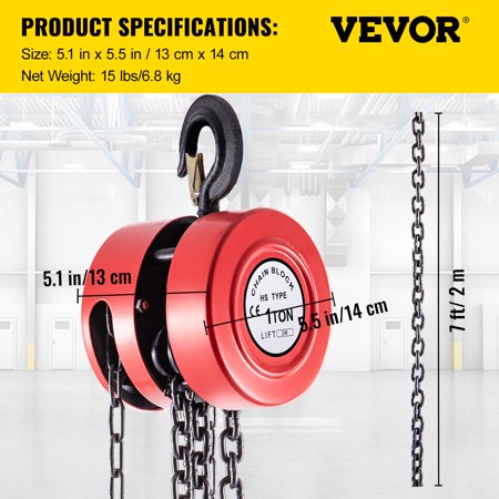 VEVOR Hand Chain Hoist, 1Ton/7ft Chain Block, Manual Hand Chain Block, Manual Hoist w/Industrial-Grade Steel Construction for Lifting Good in Transport & Workshop, Red, 1T/7ft