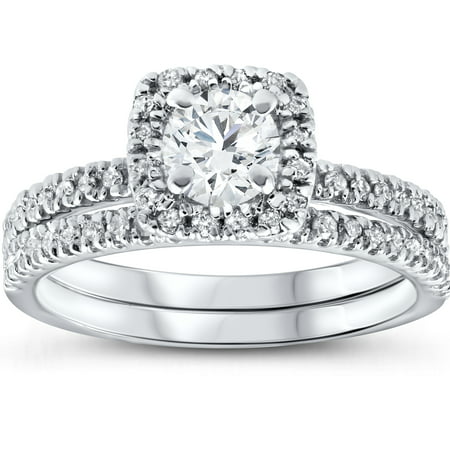 1 cttw Cushion Halo Diamond Engagement Wedding Ring Set 10K White Gold, White Gold, 7