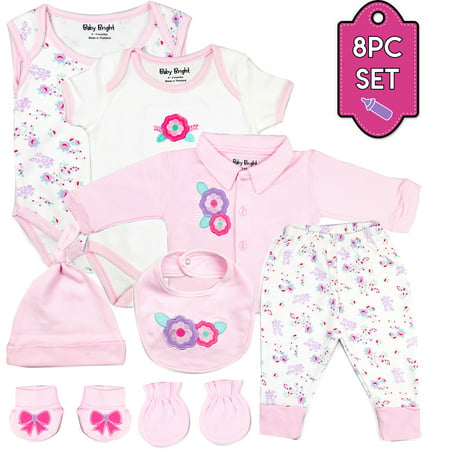 Newborn Baby Girl Casual Clothes Essentials Layette 8 Pieces Set Starter Outfit Kit for Infant - Ideal Gift for New Mom Baby Shower Stuff 0-3 months, Pink, 0-3 Months