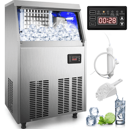 VEVORbrand Commercial Ice Maker 120-130lbs/24H with 33lbs Bin, Full Heavy Duty Stainless Steel Construction, Automatic Operation, Clear Cube for Home Bar, Include Water Filter, Scoop, Connection Hose, 120-130lbs/24h