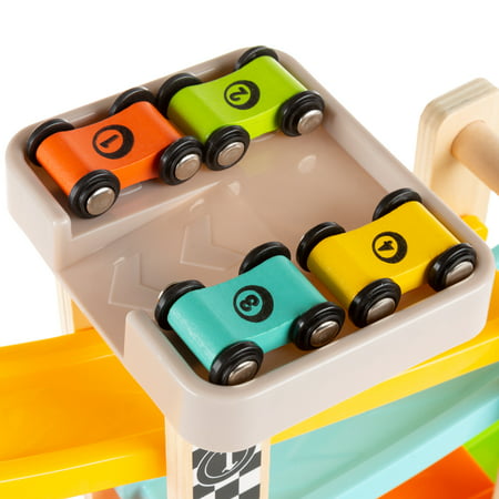 Toy Race Track and Racecar Set- Wooden Car Racer with 4 Colorful Cars by Hey! Play!
