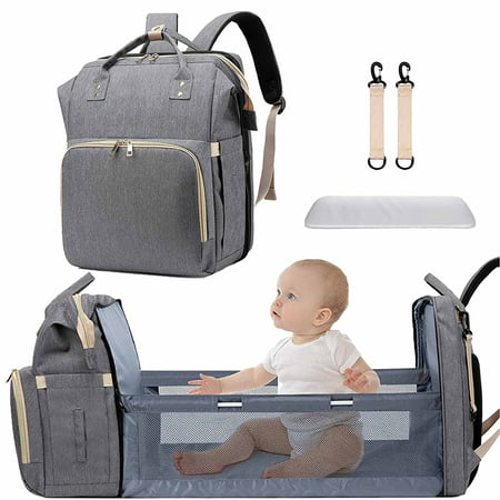 Diaper Bag Backpack with Changing Station Portable Baby Bag Foldable Baby Bed Back Pack Travel Waterproof Large Travel Bag, Stroller Straps, Insulated Pockets, Gift for Mom Dad (Grey)Gray,