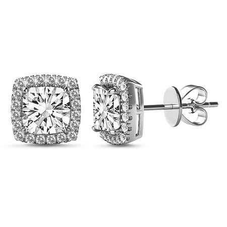 Lesa Michele Halo Cubic Zirconia Square Earrings in Rhodium Plated Sterling Silver for Women